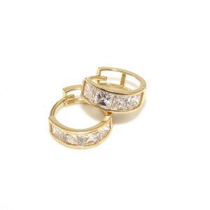 14K Yellow Gold Clear CZ Hoop Huggie Earrings